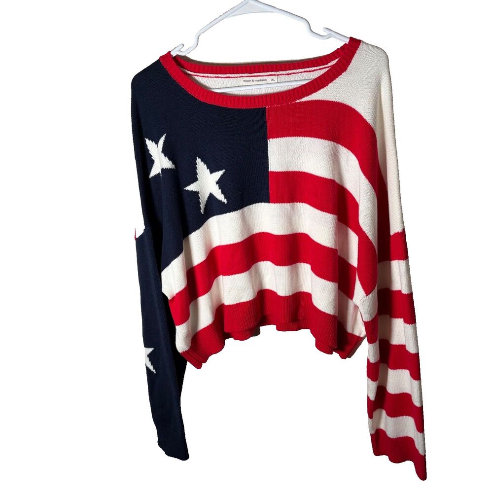 Moon & Madison Sweater Women's XL Flag Knit Pullover USA America Cropped